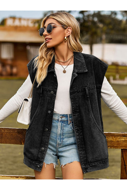 Button Up Collared Neck Sleeveless Denim Jacket - Denim Jackets - FITGGINS