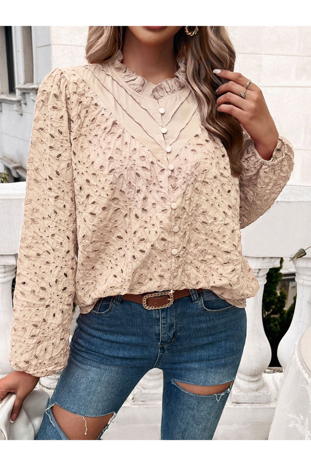 Devine Frill Long Sleeve Round Neck Shirt Fitggins