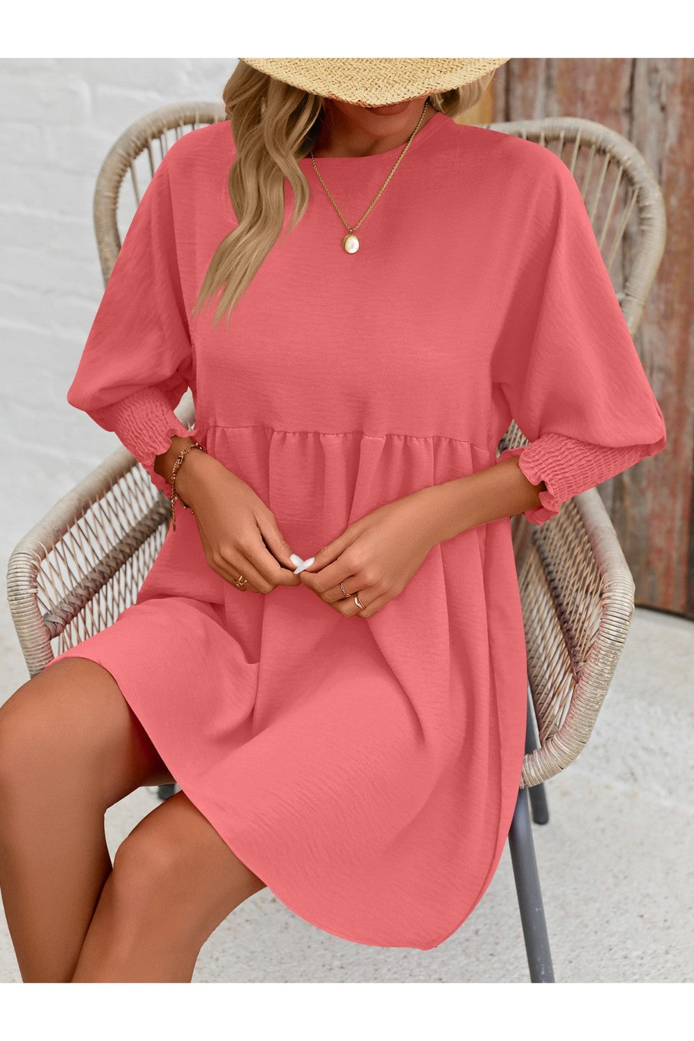 Round Neck Lantern Sleeve Mini Dress - Casual & Maxi Dresses - FITGGINS