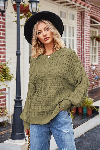 Ribbed Drop Shoulder Lantern Sleeve Sweater - Pullover Sweaters - FITGGINS