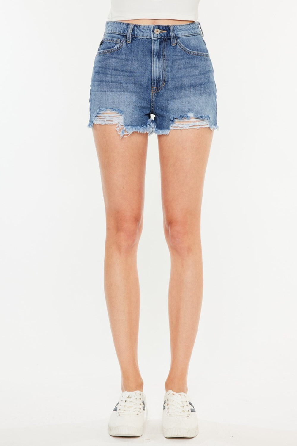 Kancan Distressed Raw Hem High Waist Denim Shorts - Denim Shorts - FITGGINS