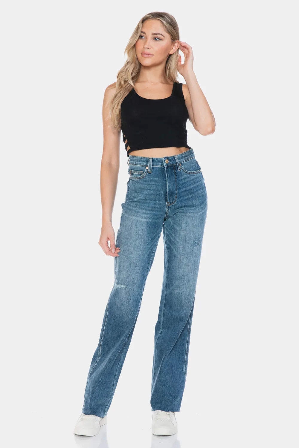 Judy Blue Full Size Tummy Control Cut Raw Hem Straight Jeans Fitggins