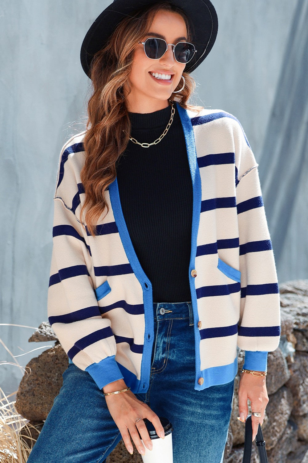 Striped Button Up Long Sleeve Cardigan - Cardigans - FITGGINS