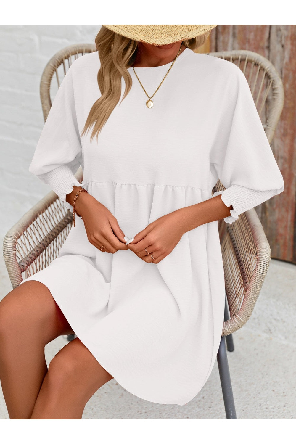 Round Neck Lantern Sleeve Mini Dress - Casual & Maxi Dresses - FITGGINS