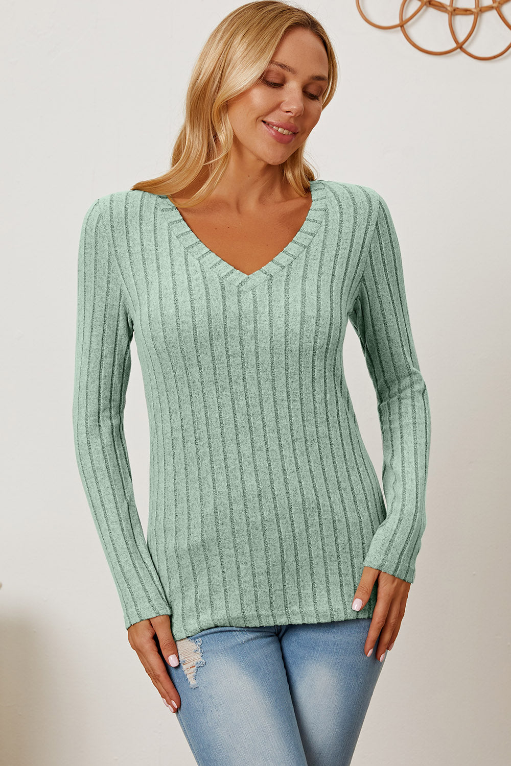 Basic Bae Full Size Ribbed V-Neck Long Sleeve T-Shirt - T-Shirts - FITGGINS