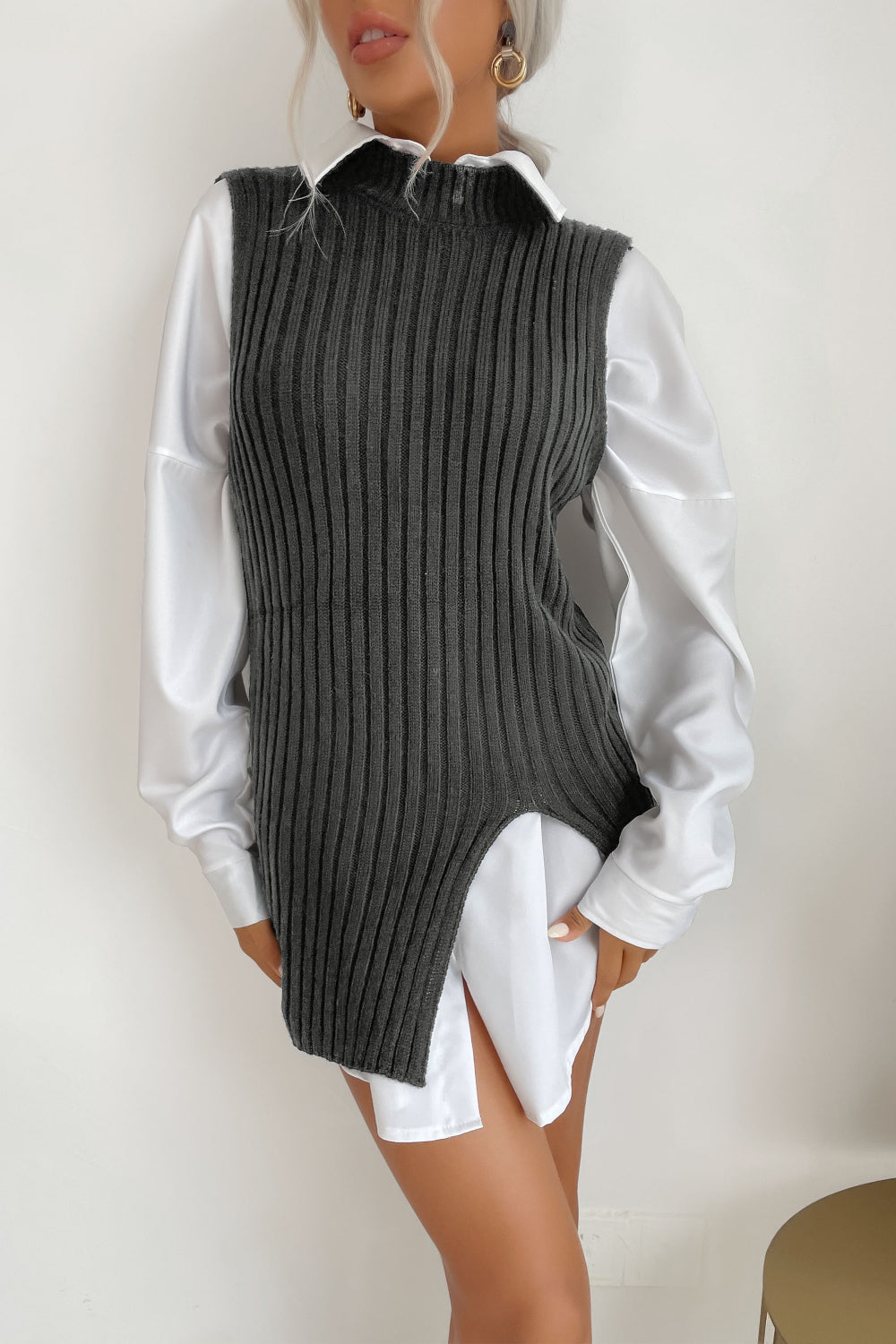 Slit Hem Sweater Vest Dress - Sweater Dresses - FITGGINS