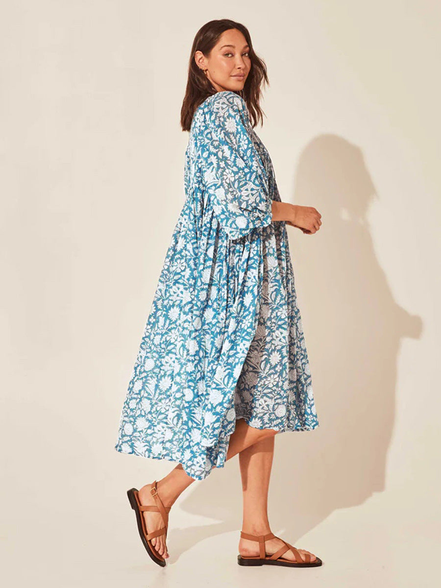 Floral Tie Neck Lantern Sleeve Dress Fitggins
