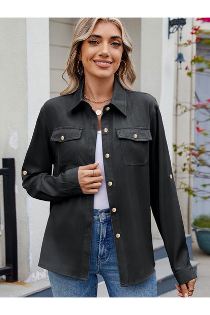 Solid Color Collared Neck Long Sleeve Shirt Fitggins