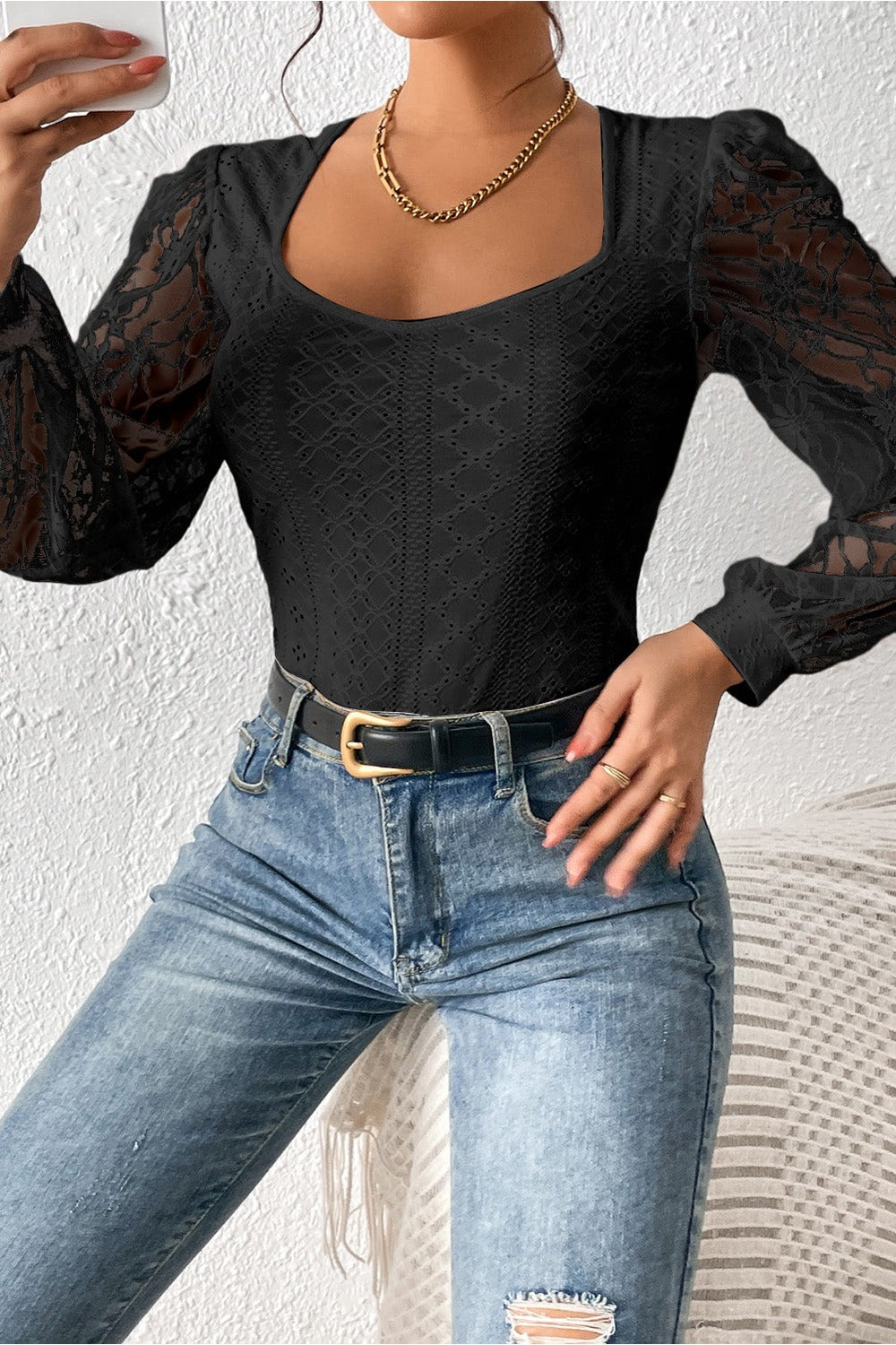 Eyelet Lace Long Sleeve Bodysuit - Bodysuit - FITGGINS