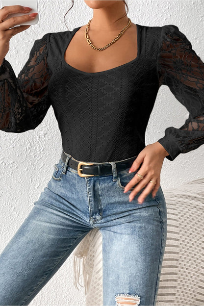 Eyelet Lace Long Sleeve Bodysuit - Bodysuit - FITGGINS