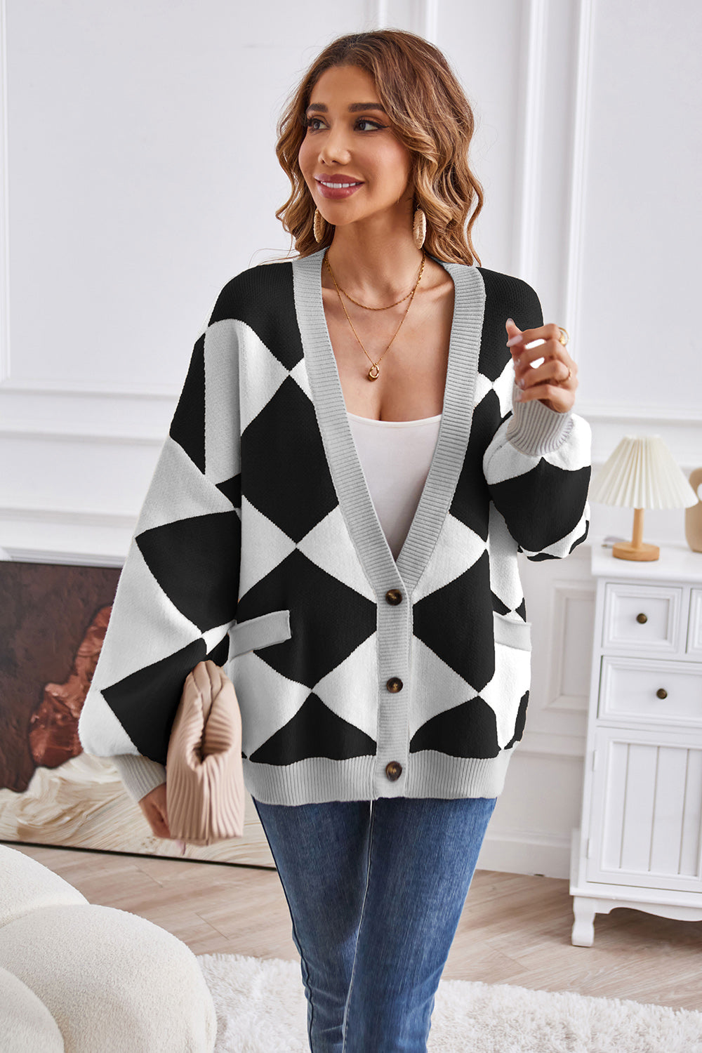 Geometric Lantern Sleeve Cardigan with Pockets Black Fitggins