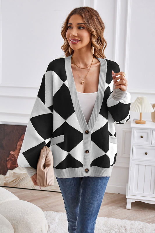 Geometric Lantern Sleeve Cardigan with Pockets Black Fitggins