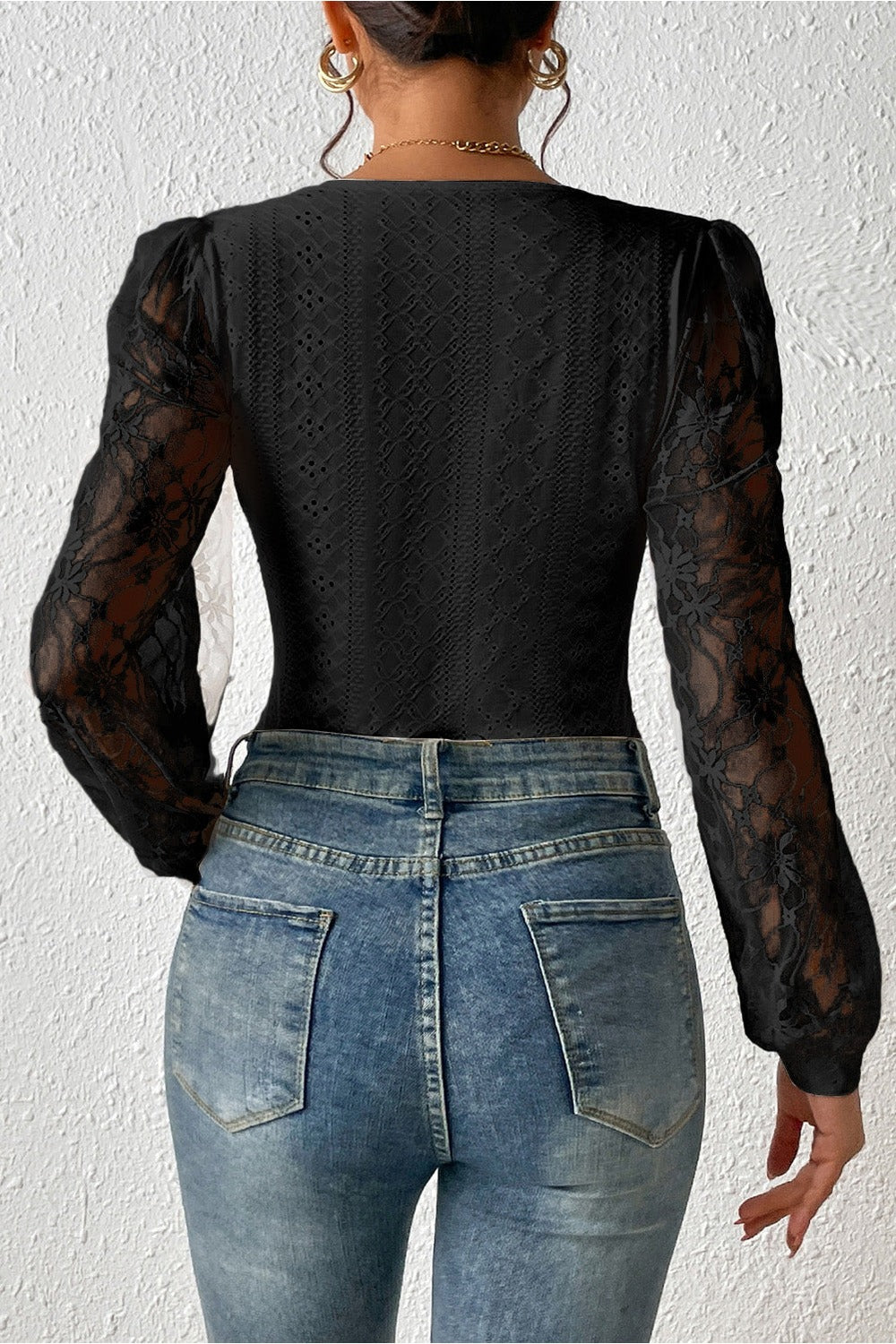 Eyelet Lace Long Sleeve Bodysuit - Bodysuit - FITGGINS