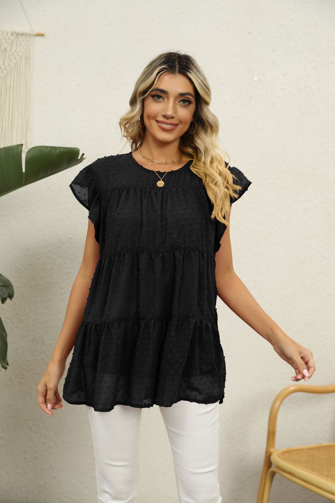 Swiss Dot Round Neck Tiered Blouse Black Fitggins