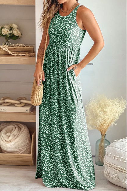 Leopard Round Neck Sleeveless Maxi Dress - Casual & Maxi Dresses - FITGGINS