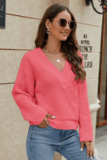 Surplice Neck Long Sleeve Sweater Fitggins