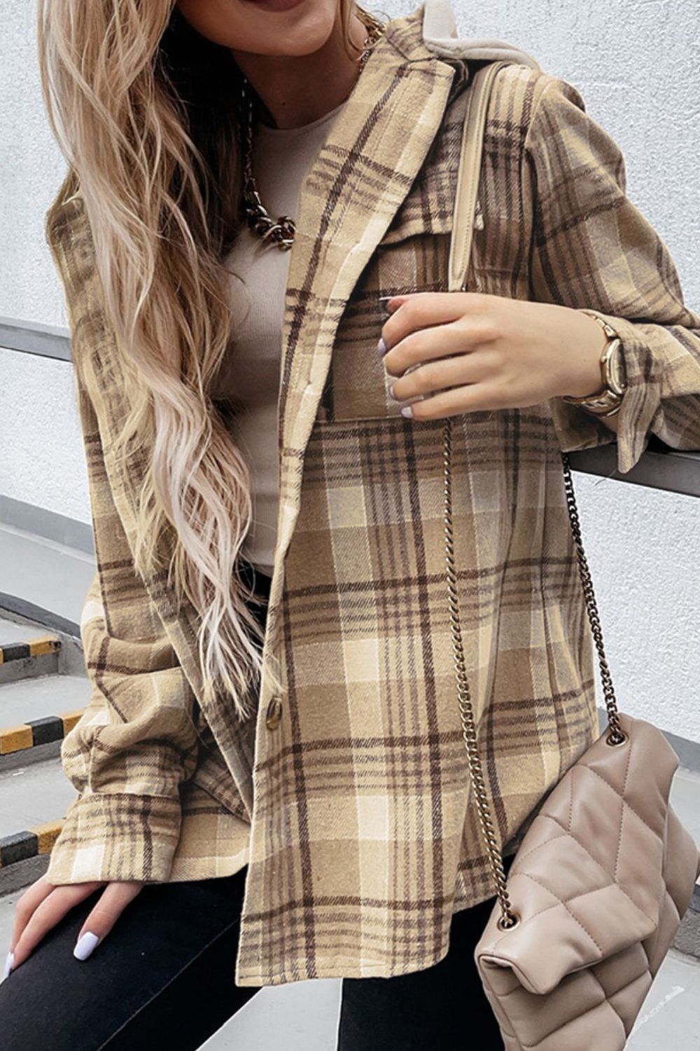 Plaid Button Up Long Sleeve Hooded Jacket - Jackets - FITGGINS