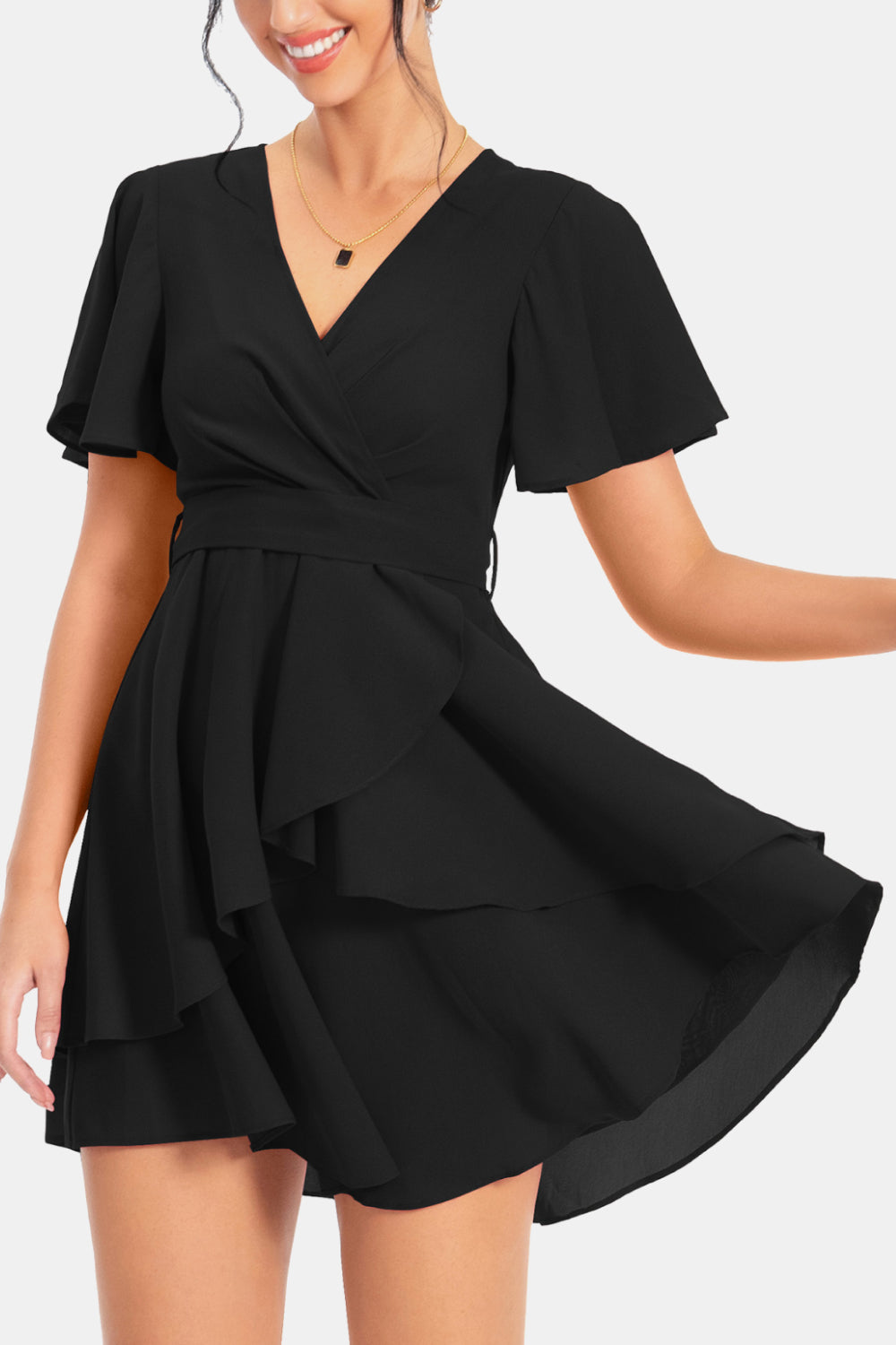 Surplice Neck Flutter Sleeve Dress - Casual & Maxi Dresses - FITGGINS