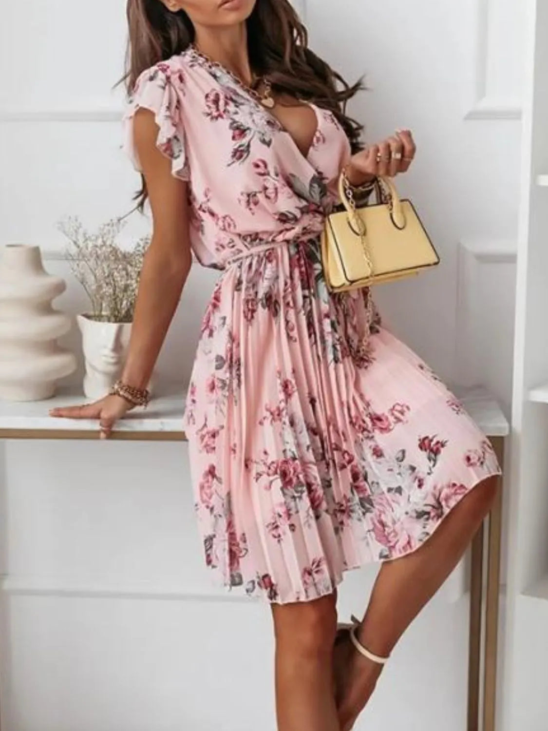 Floral Surplice Ruffled Cap Sleeve Dress Fitggins