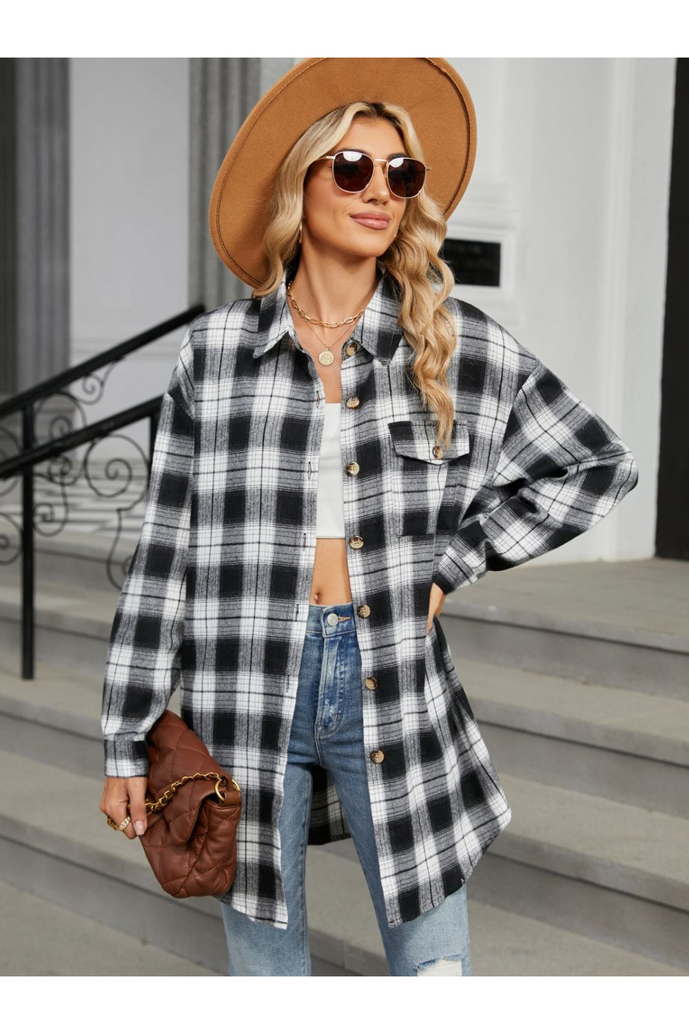 Plaid Collared Neck Long Sleeve Shirt - Shirts - FITGGINS