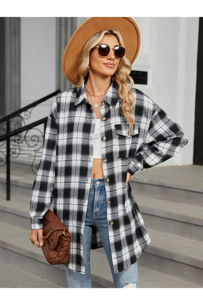 Plaid Collared Neck Long Sleeve Shirt - Shirts - FITGGINS