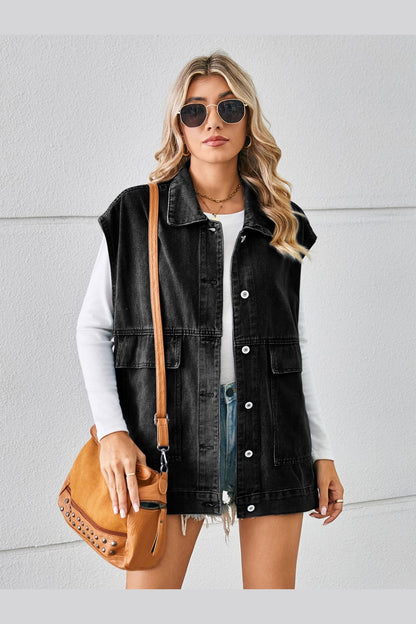 Pocketed Button Up Sleeveless Denim Jacket - Denim Jackets - FITGGINS