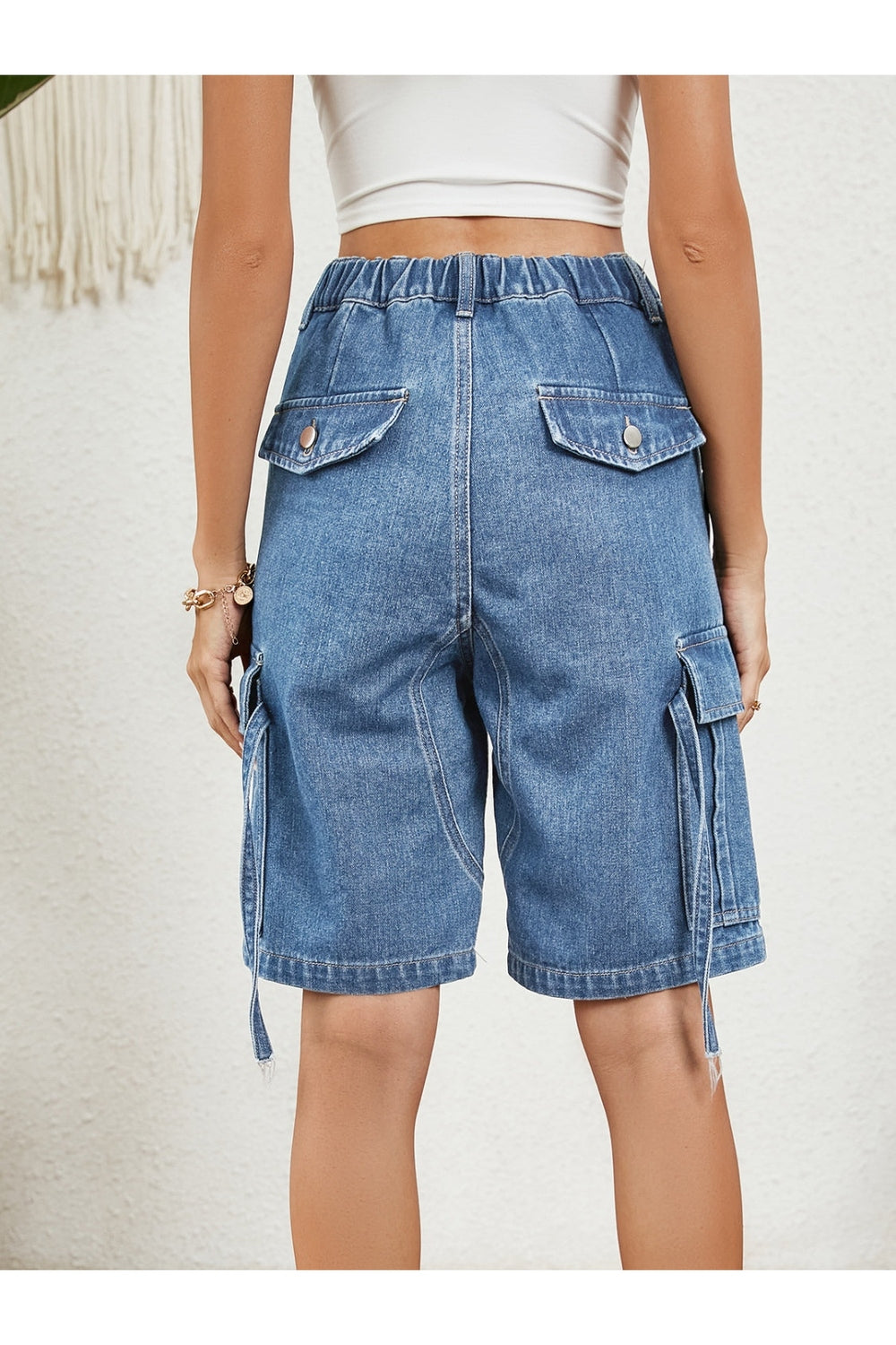 Buttoned Elastic Waist Denim Shorts with Pockets - Denim Shorts - FITGGINS