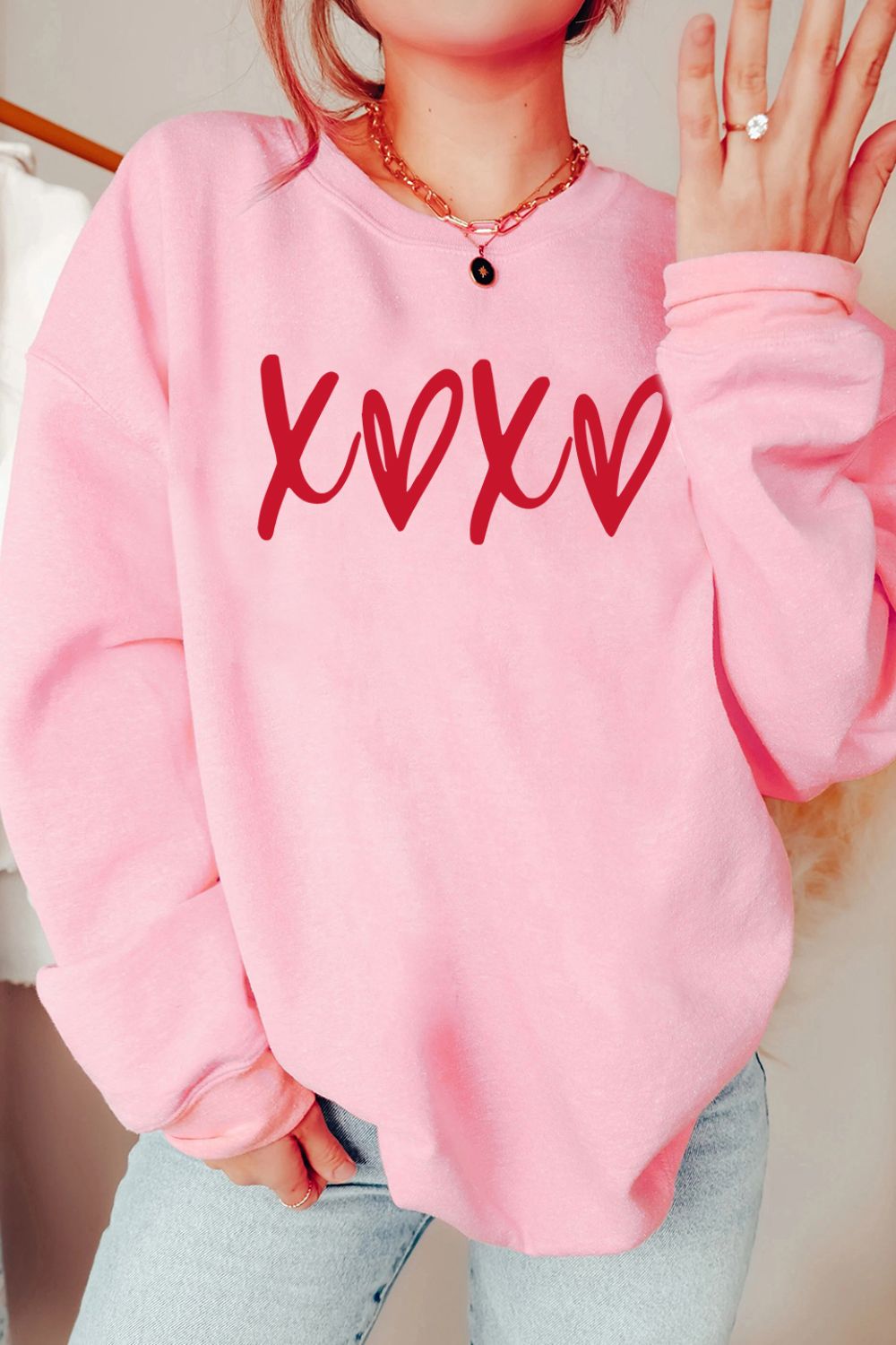 Valentine’s Day XOXO Round Neck Drop Shoulder Sweatshirt - Sweatshirts & Hoodies - FITGGINS