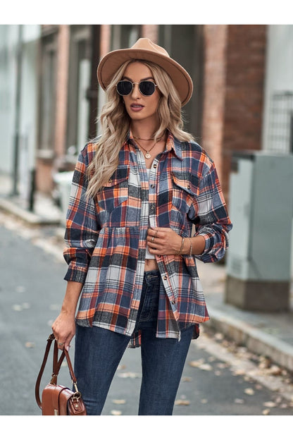 Plaid Button Up Dropped Shoulder Shirt - Shirts - FITGGINS