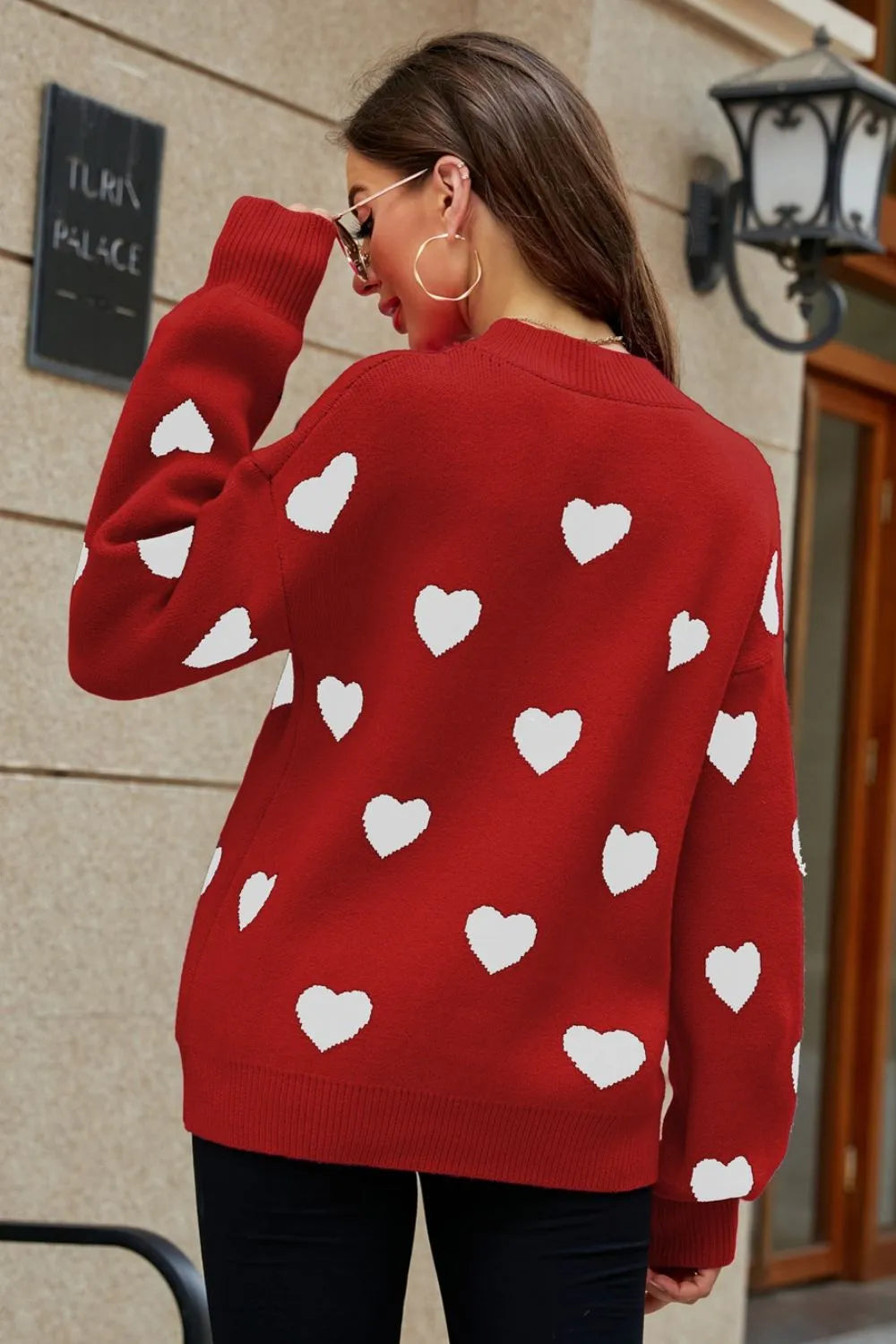 Woven Right Heart Pattern Lantern Sleeve Round Neck Tunic Sweater Fitggins