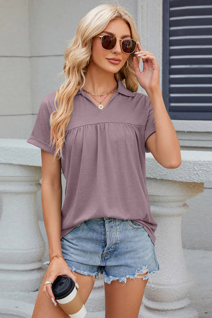 Ruched Johnny-Collar Short-Sleeve Blouse Lilac Fitggins