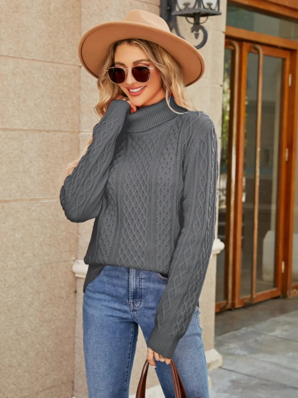 Cable-Knit Mock Neck Sweater Fitggins