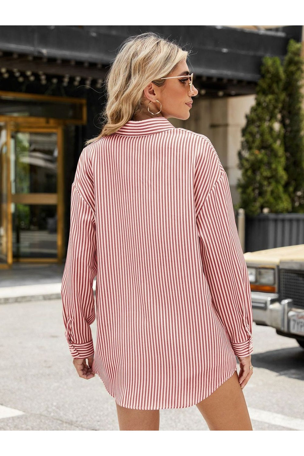 Pocketed Striped Collared Neck Long Sleeve Shirt - Shirts - FITGGINS