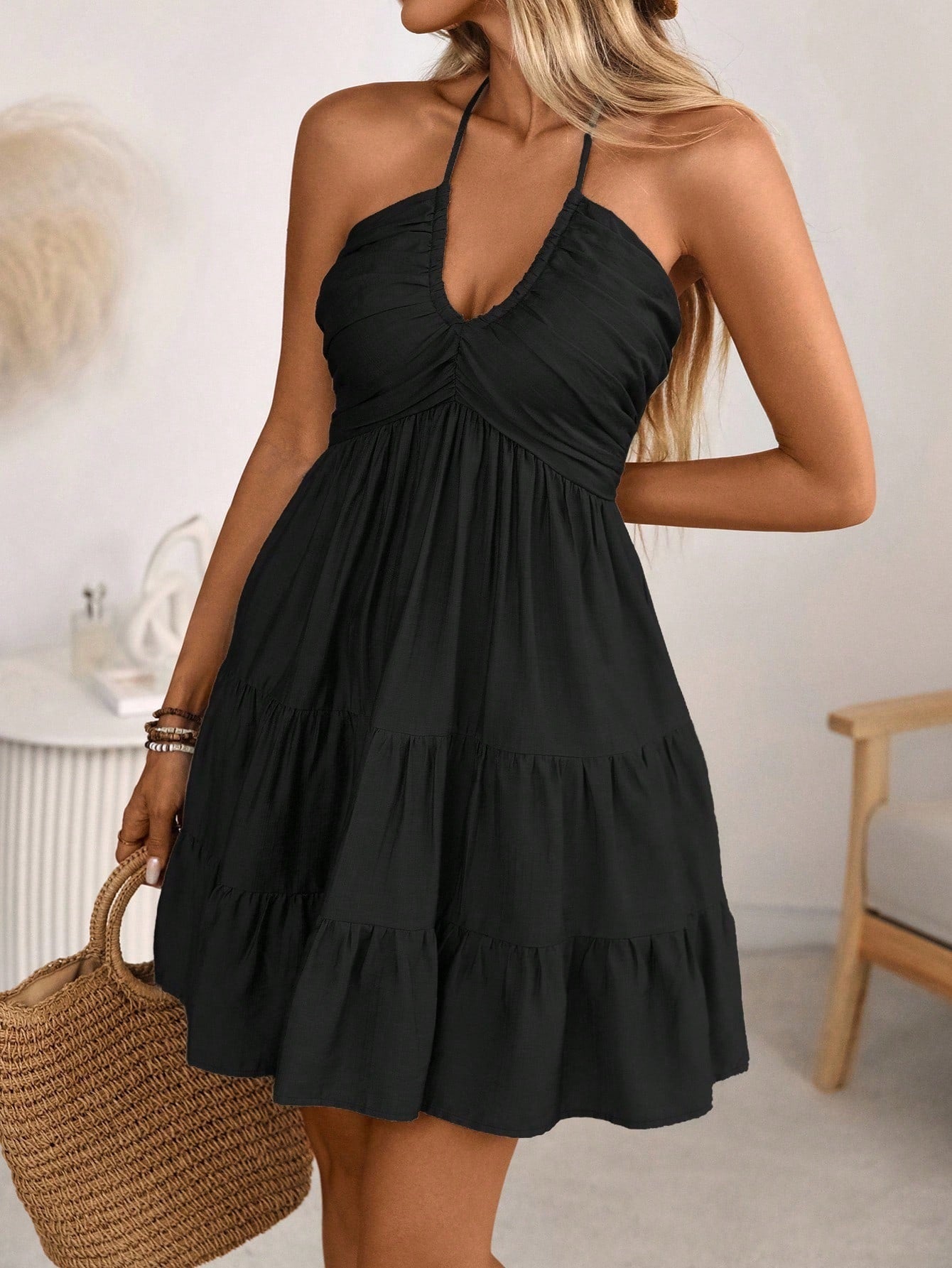 Smocked Halter Neck Tiered Dress Fitggins