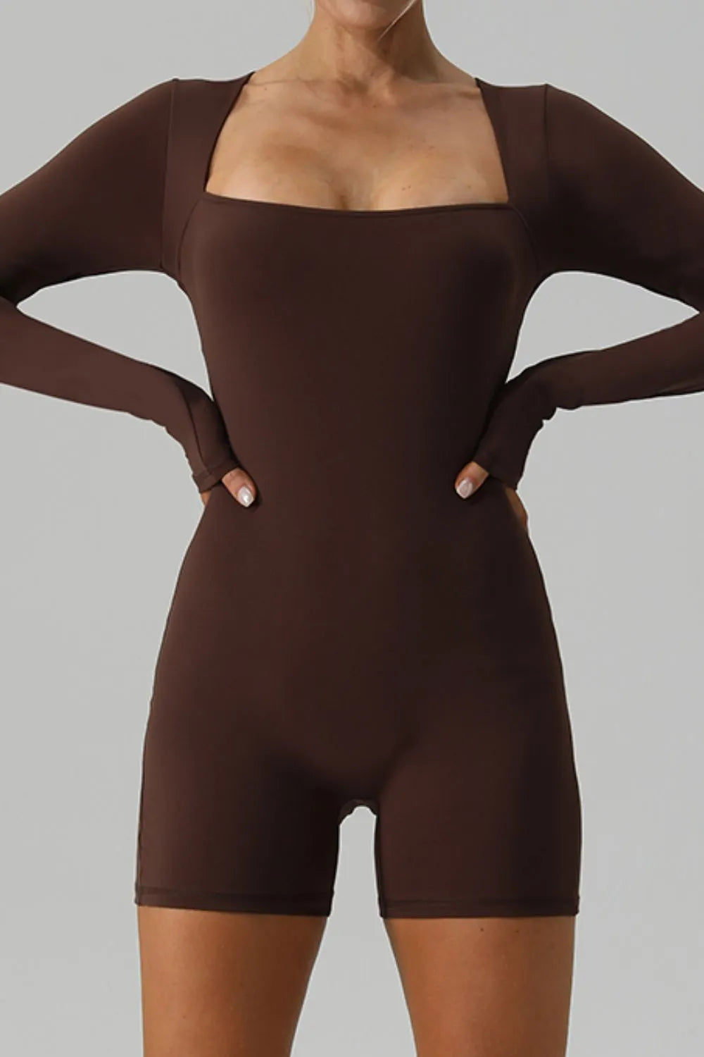 Square Neck Long Sleeve Active Romper Fitggins