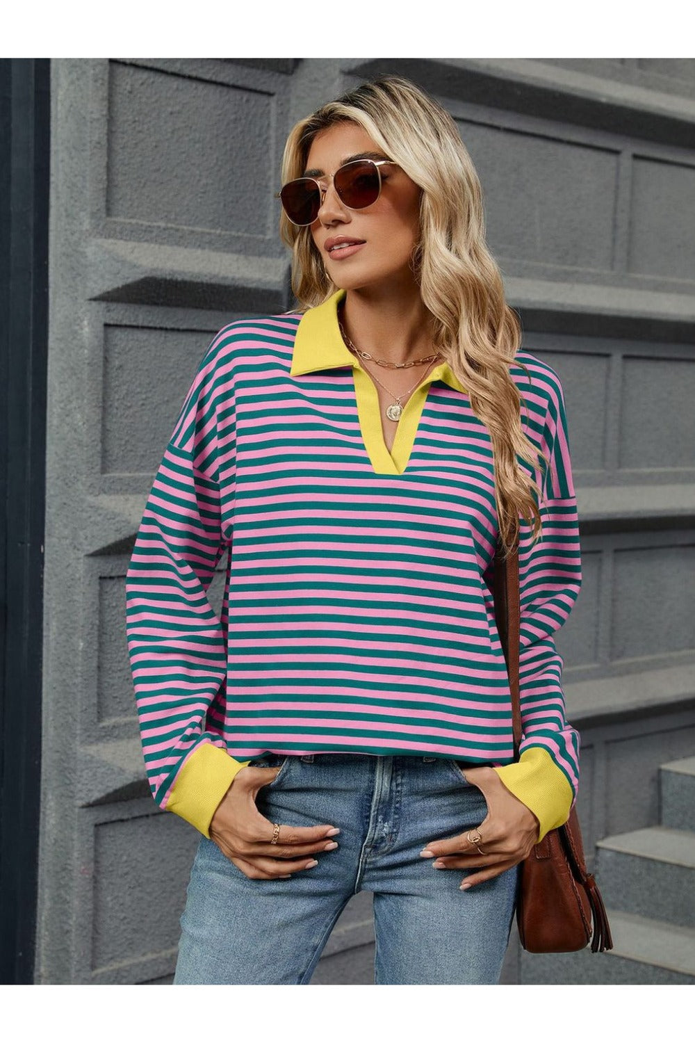 Striped Johnny Collar Long Sleeve Sweatshirt - Sweatshirts & Hoodies - FITGGINS