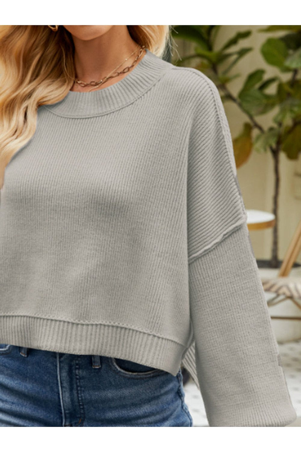 Round Neck Lantern Sleeve Sweater - Pullover Sweaters - FITGGINS