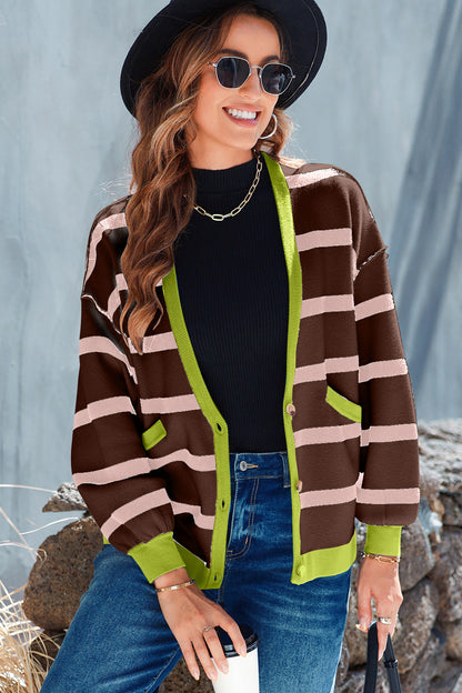 Striped Button Up Long Sleeve Cardigan - Cardigans - FITGGINS