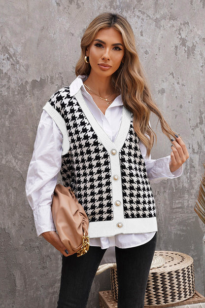 Houndstooth Button Front Sweater Vest - Pullover Sweaters - FITGGINS