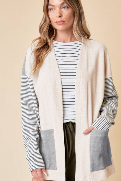 Open Front Long Sleeve Striped Cardigan with Pockets - Cardigans - FITGGINS