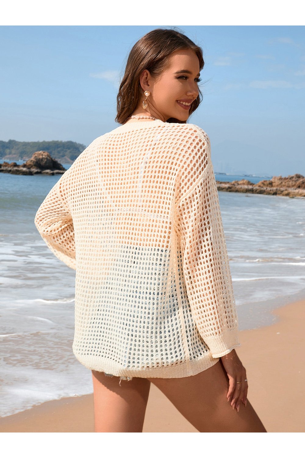 Openwork Dropped Shoulder Long Sleeve Cover-Up - Cover-Ups - FITGGINS