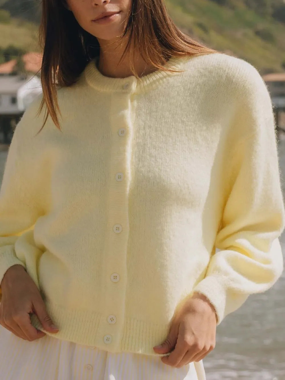 Button Down Long Sleeve Cardigan Pastel Yellow Fitggins