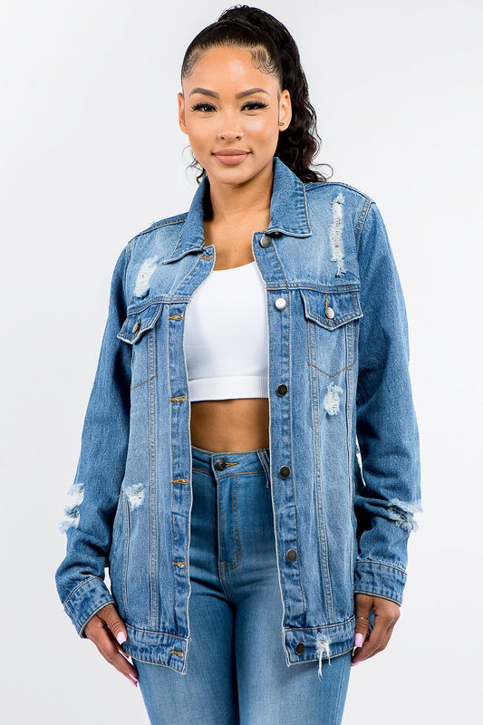 American Bazi Full Size Button Up Distressed Denim Jacket - Denim Jackets - FITGGINS