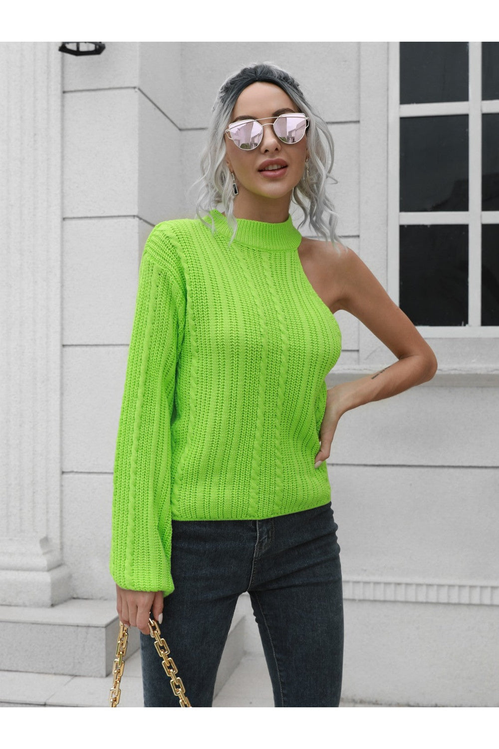 Cable-Knit Round Neck Asymmetrical Sweater - Pullover Sweaters - FITGGINS