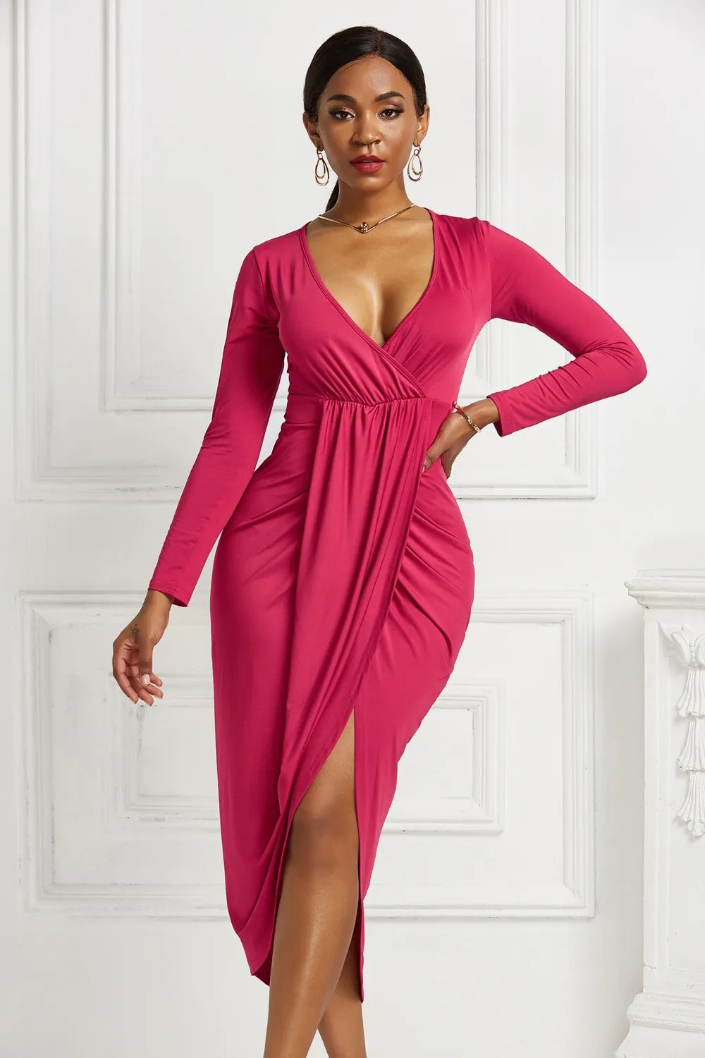 High-low Ruched Surplice Long Sleeve Dress Fitggins