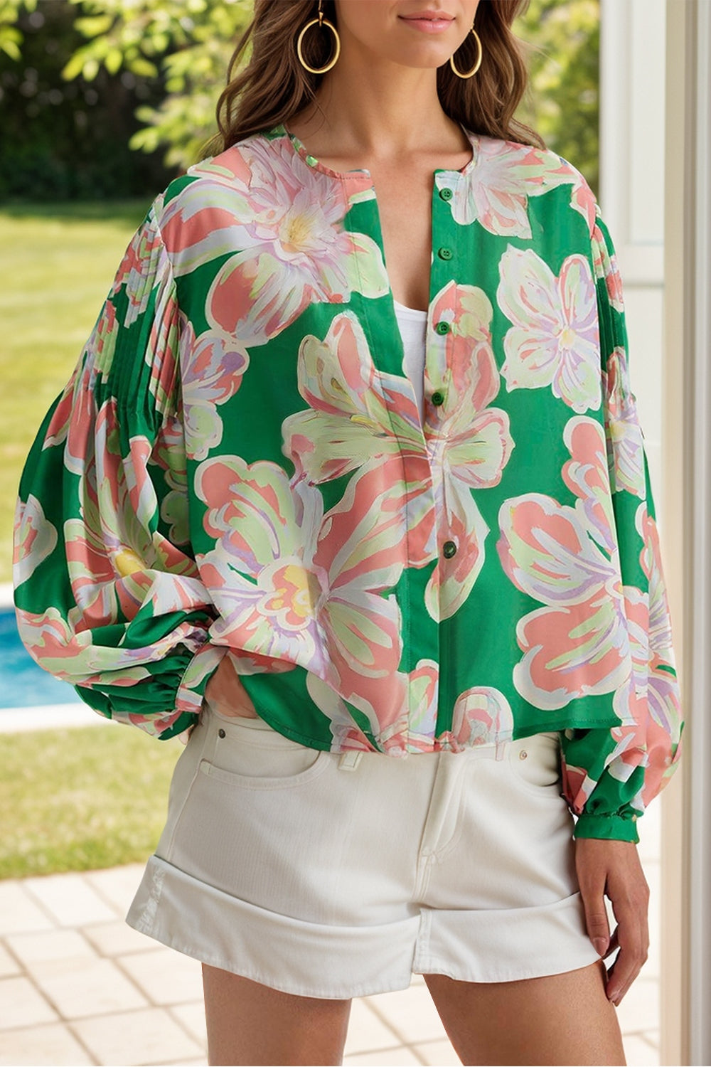 Floral Pleated Puff Sleeve Shirt - Shirts - FITGGINS