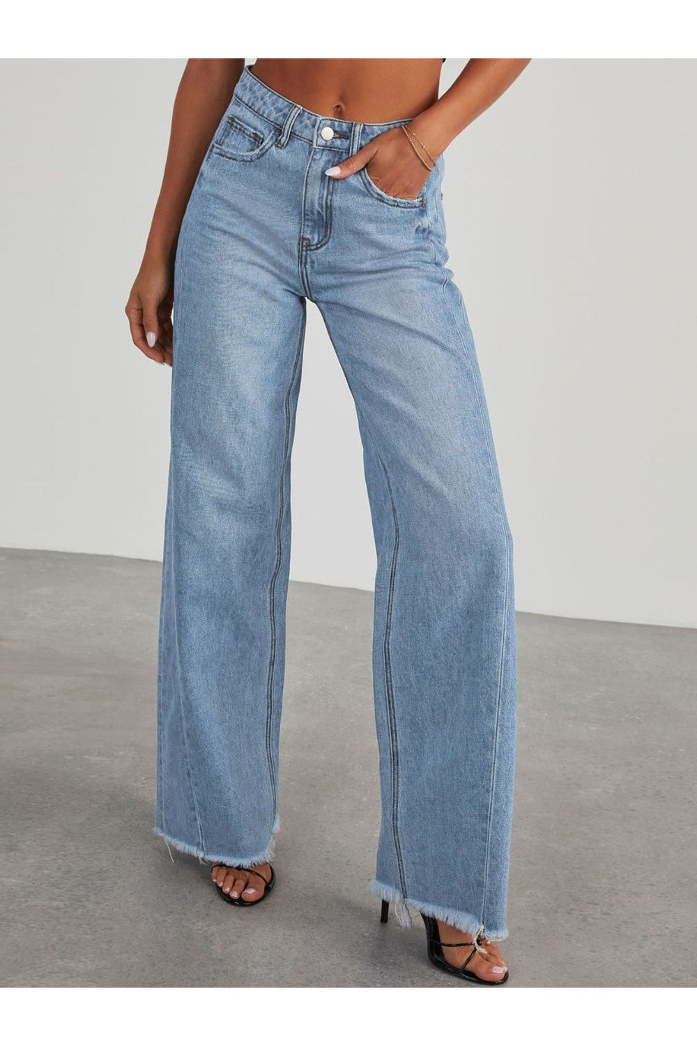 Raw Hem Wide Leg Jeans with Pockets - Jeans - FITGGINS