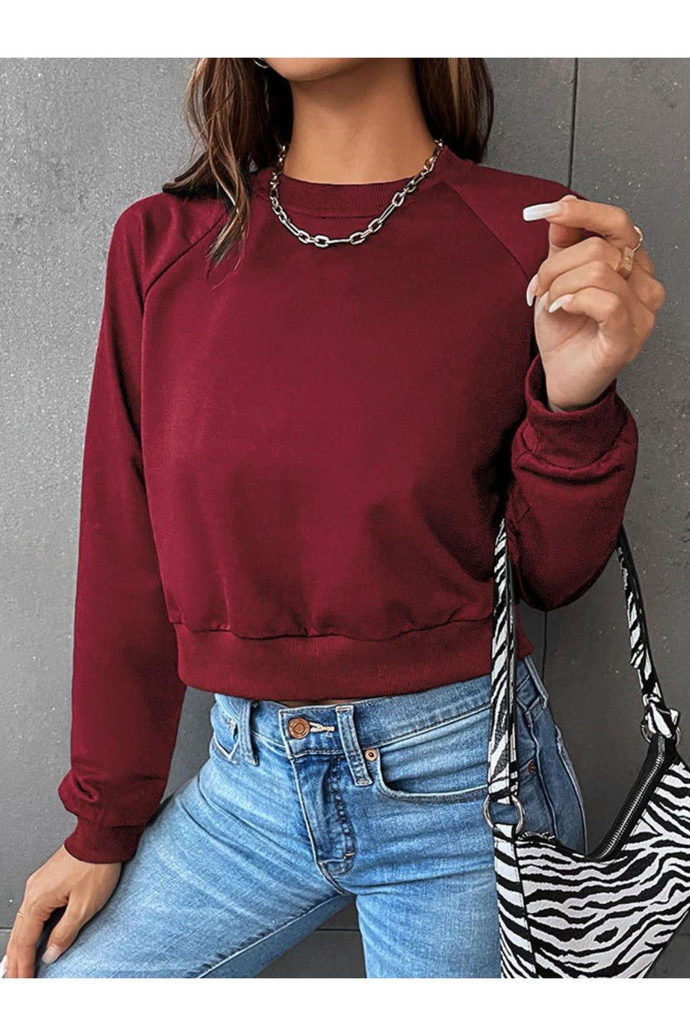 Perfee Raglan Sleeve Round Neck Cropped Sweatshirt - Sweatshirts & Hoodies - FITGGINS