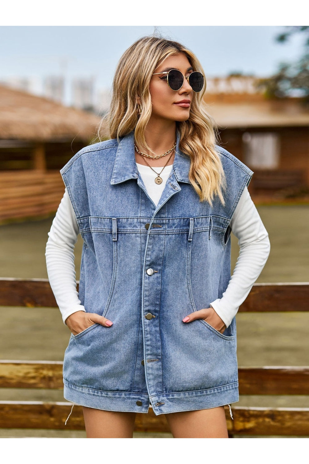 Button Up Collared Neck Sleeveless Denim Jacket - Denim Jackets - FITGGINS