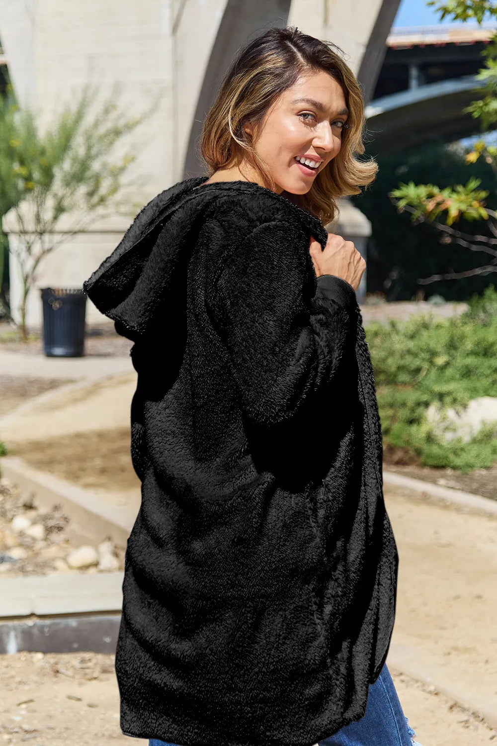 Double Take Full Size Hooded Teddy Bear Jacket with Thumbholes Fitggins